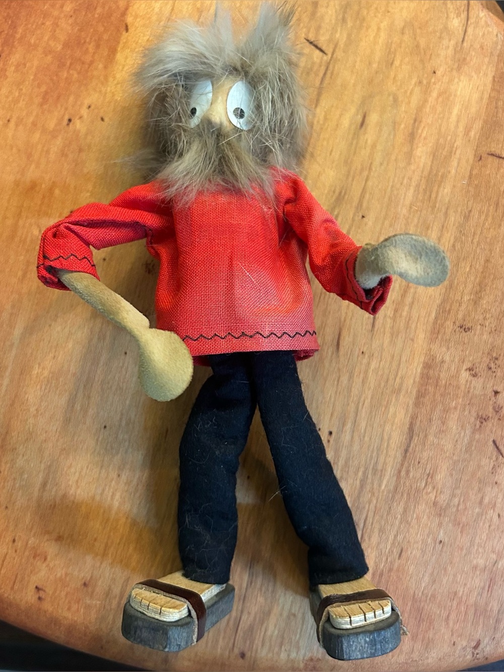 Vintage Folk Doll with Red Shirt and Fluffy Hair Wood Carved Figurne 6” Tall